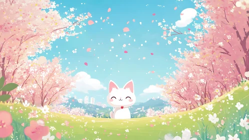 Cartoon cat in cherry blossom park with distant city skyline.