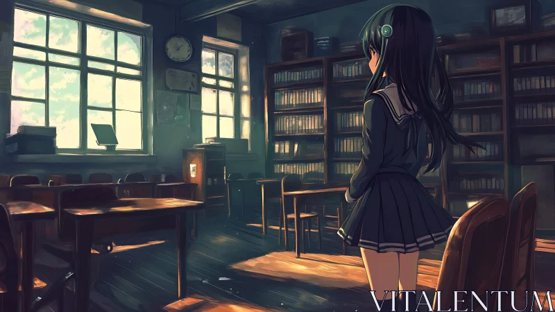 Backlit anime schoolgirl in sunlit library-classroom hybrid interior.