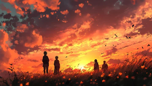 Sunset sky welcomes quiet friends walking through warm fields