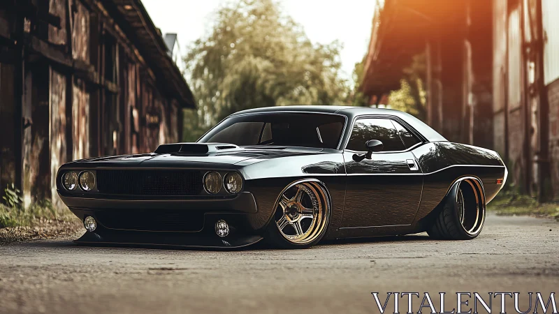 Modified black muscle car is parked between industrial buildings