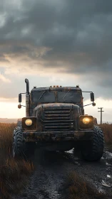 Rusty off-road truck faces viewer on muddy rural track