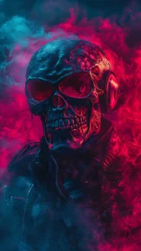 Neon cyber skull emerges from swirling red and teal smoke.