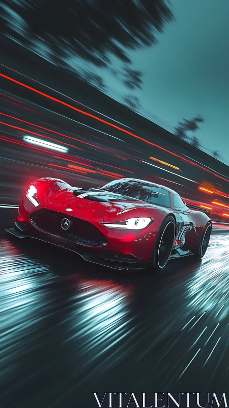 Red hypercar cuts through neon rain with dynamic motion blur