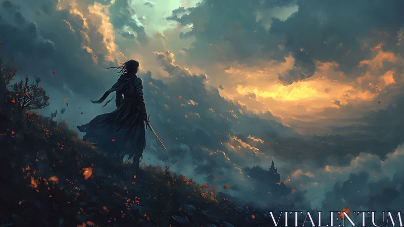 Solitary cloaked swordsman on ridge under storm-lit sky.