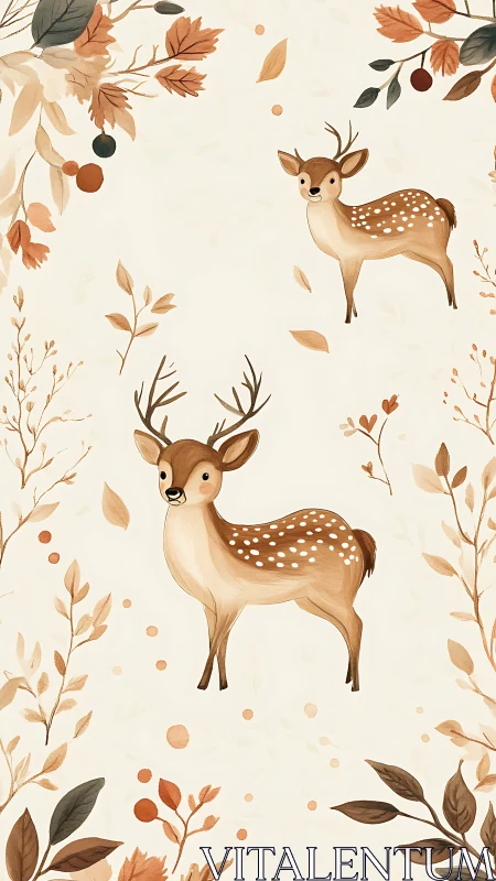 Young deer stand among soft autumn foliage pattern