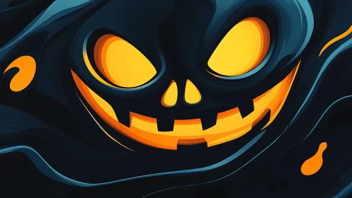 Stylized glowing pumpkin face in dark abstract shapes.