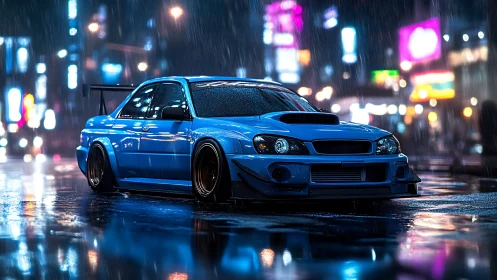 Modified blue street racer glows on a rainy neon city night