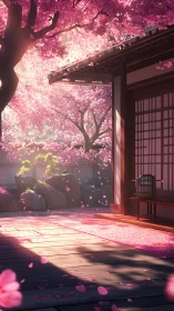 Sunlit Japanese veranda framed by drifting cherry blossoms.