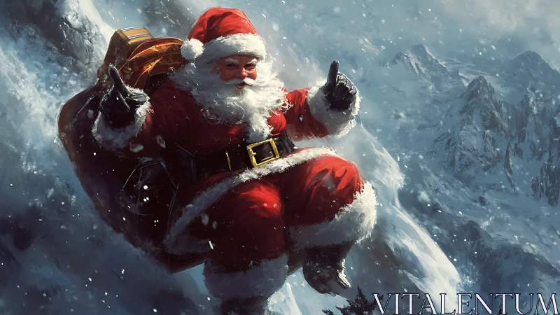 Santa in dynamic downhill motion across icy mountain slope