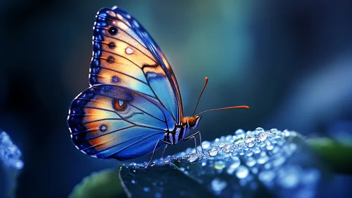 Iridescent butterfly resting on dewy leaf in cool blues.