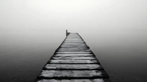 Wooden pier extends into calm foggy water under overcast sky