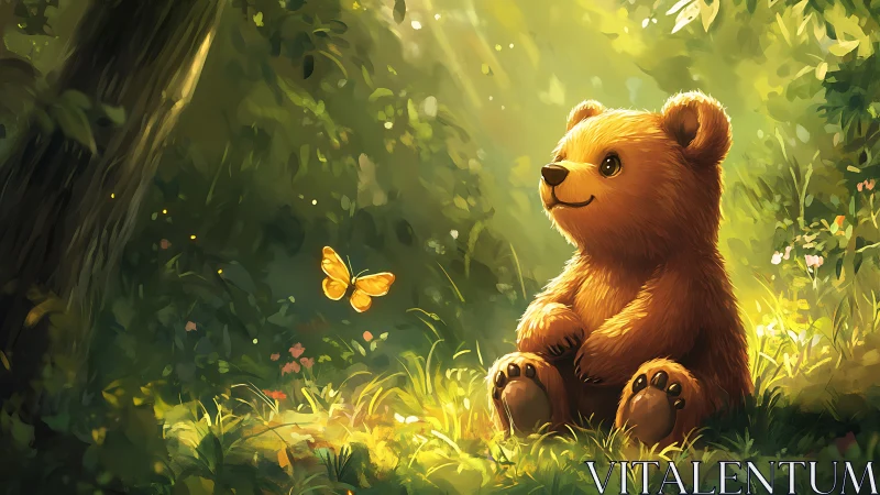 Illustrated bear cub sits in sunlit forest observing butterfly
