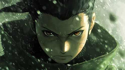 Intense anime warrior portrait in storm of green light.