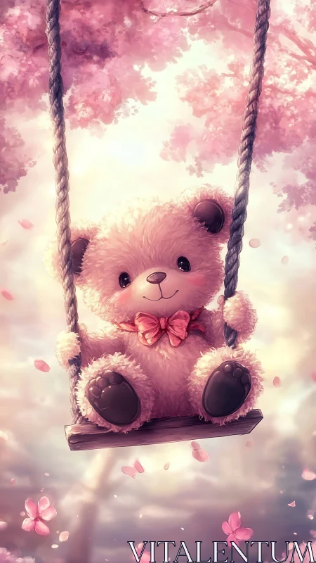 Plush teddy bear on rope swing amid pink blossom bokeh glow