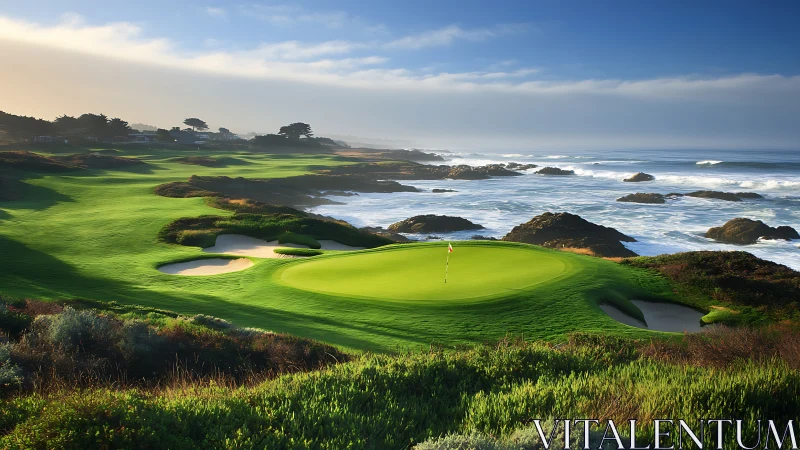 Ocean-edge golf green kissed by morning light and surf.