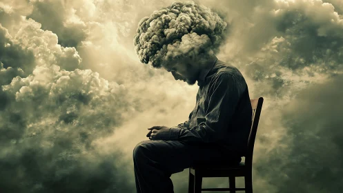 Seated man with eruptive cloud head in turbulent storm sky
