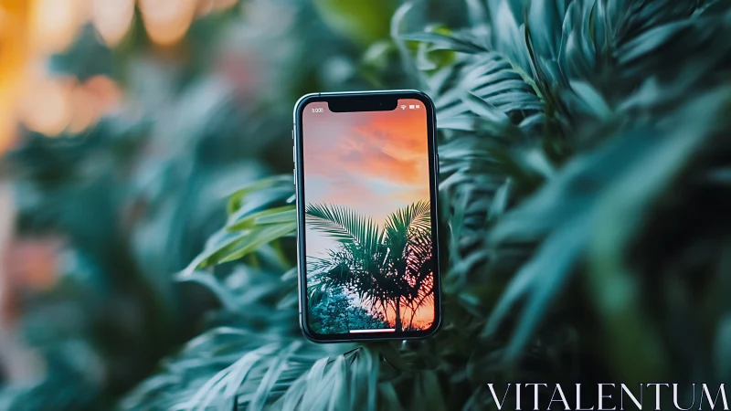 Smartphone displaying tropical sunset amid verdant foliage.