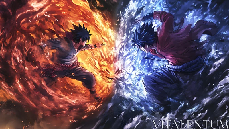 Anime elemental duel with mirrored fire and ice vortices.
