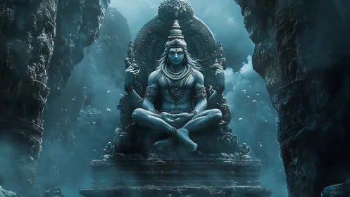 Mystical stone deity statue seated in misty cavern shrine.