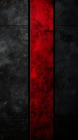 Vertical red band divides textured black surface.