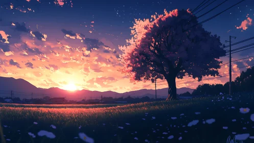 Anime twilight landscape with lone sakura tree silhouette.