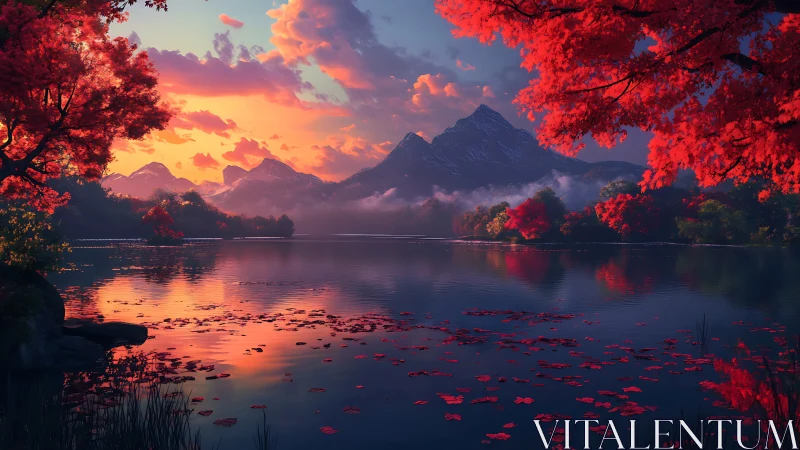 Crimson trees whisper as twilight kisses the mirror lake