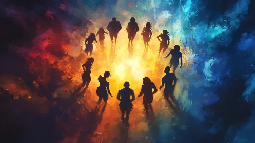 Silhouetted figures encircling radiant portal in warm cool contrast