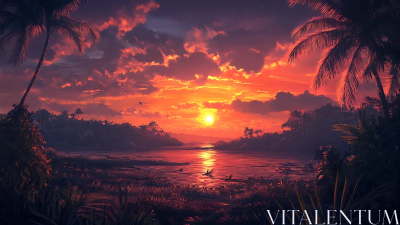 Tropical sunset blazes over tranquil palm-framed lagoon.