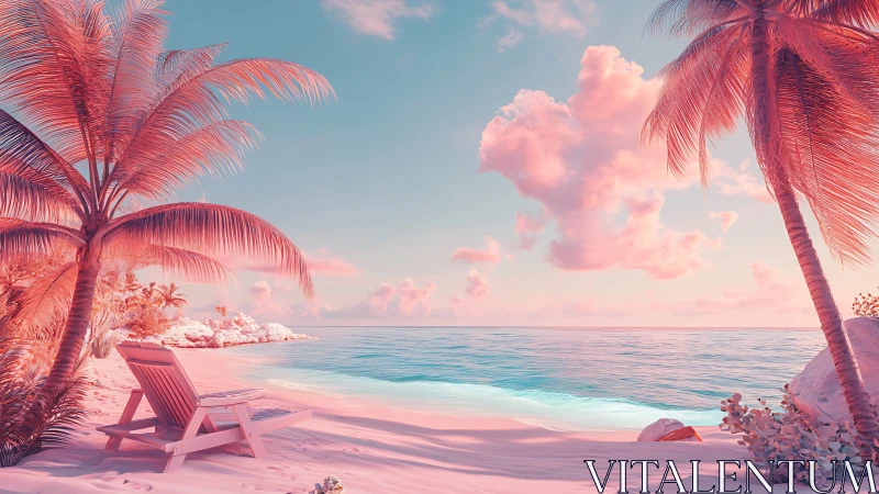 Digital beach scene rendered with tropical vegetation, water elements