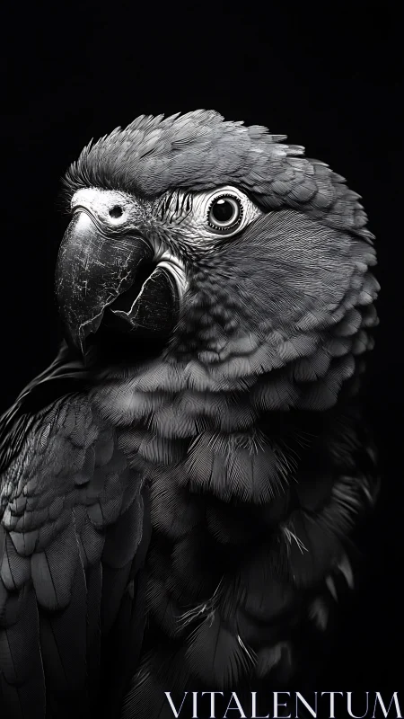 Monochrome parrot portrait in dramatic studio chiaroscuro lighting.