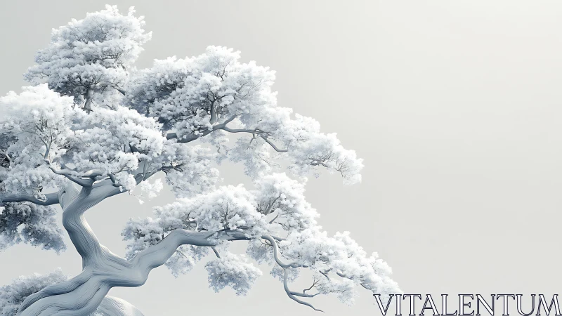 Minimalist winter tree with frosty branches on pale background.