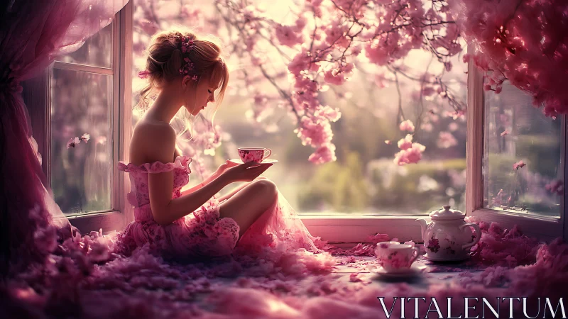 Soft spring morning wraps quiet tea in blossom pink calm