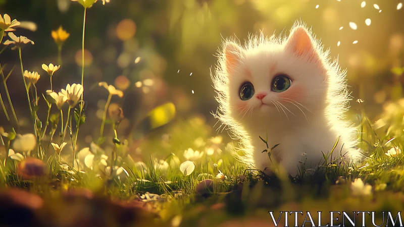 White Kitten in Sunlit Meadow with Yellow Flowers.
