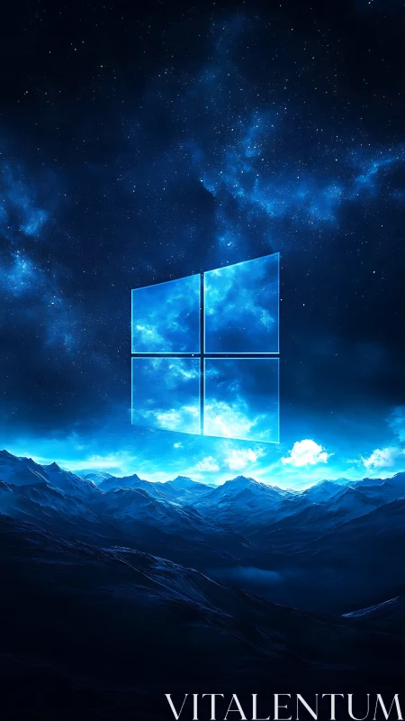 Glowing window emblem above deep blue cosmic mountainscape.