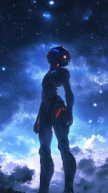 Stargazing cyber-sentinel bathing in deep nebula glow.