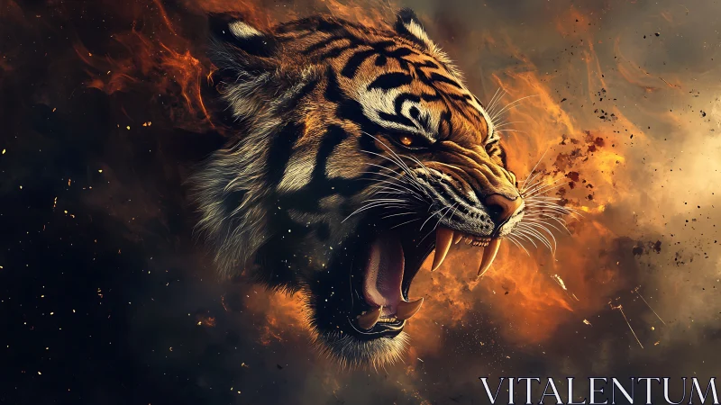 Roaring tiger head in fiery digital explosion scene.