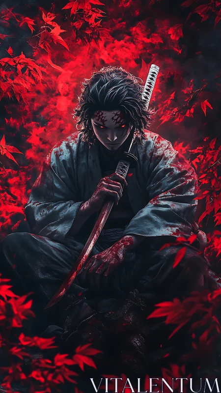 Bloodlit samurai in crimson foliage vortex, brooding silently.