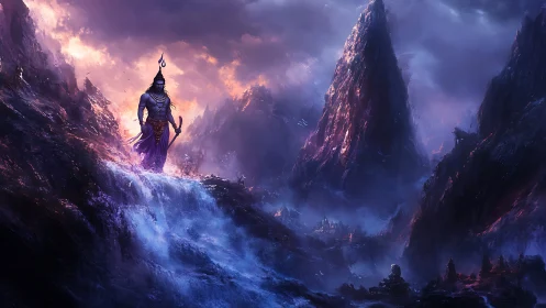 Mythic warrior above stormy violet mountainscape.