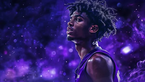 Basketball player glows against a cosmic purple arena haze