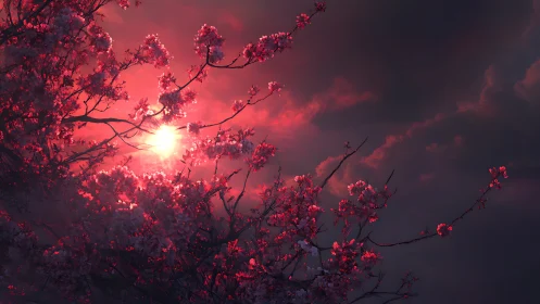 Cherry blossoms burn against dark stormlit evening sky