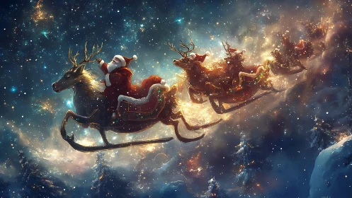 Santa in flying sleigh pulled by reindeer over snowy forest