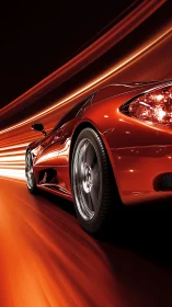 Crimson sports car slicing through glowing night speedways.