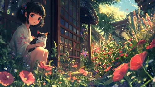Girl holds cat on wooden porch overlooking dense flower garden