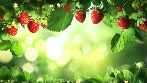 Sunlit strawberry foliage with shallow depth bokeh field