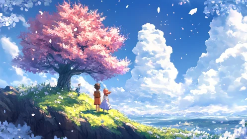 Blossoming cherry tree crowns children under radiant sky.