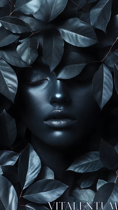 Monochrome blue female face framed by glossy foliage.