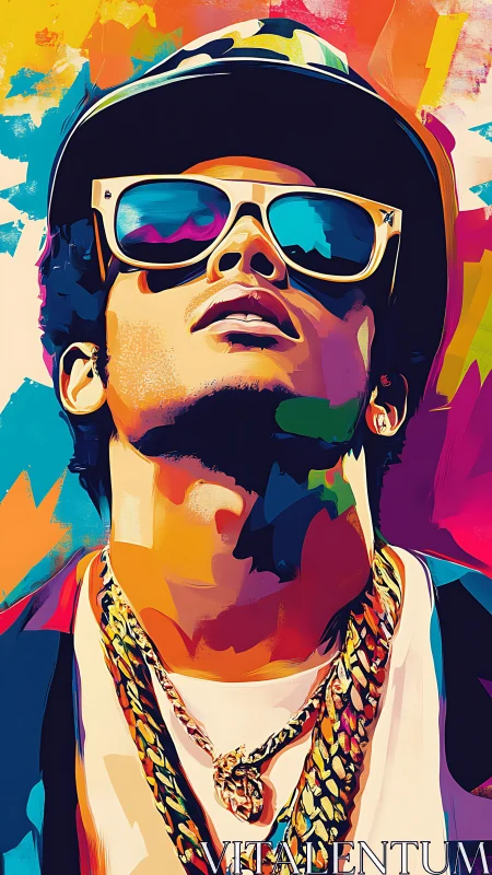 Colorful pop art portrait of man in sunglasses and chains.