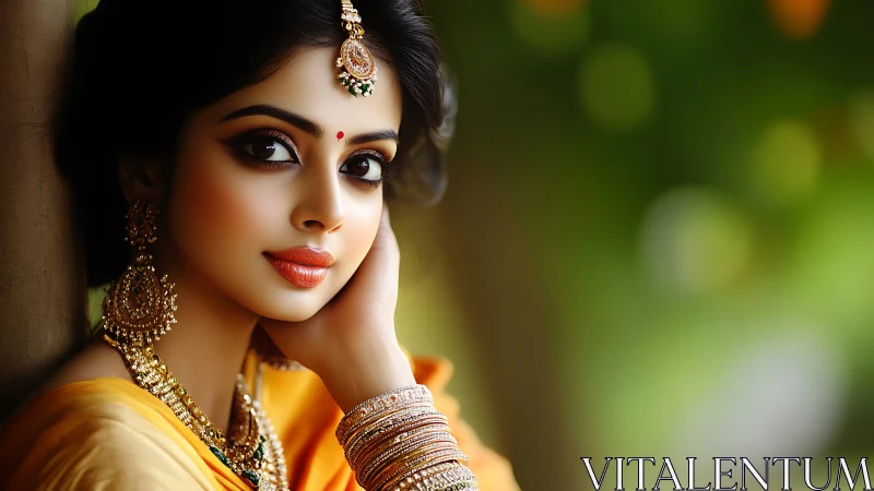 Elegant Indian woman in traditional attire, vibrant portrait style.