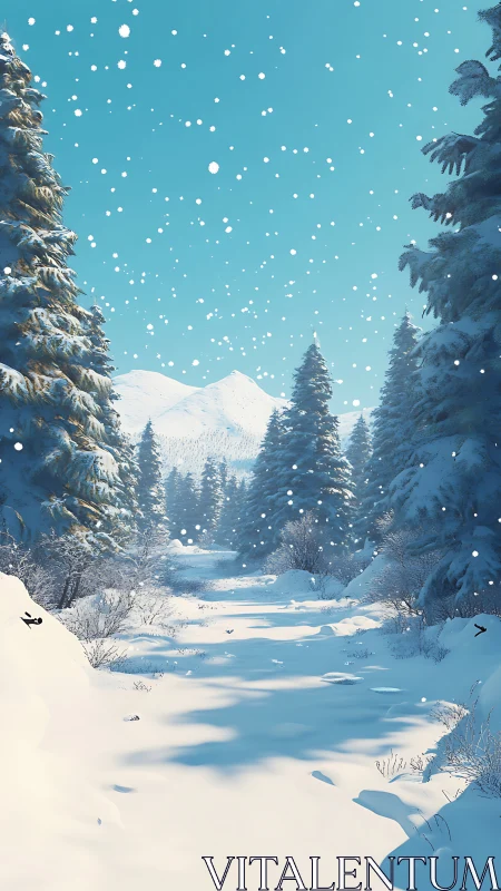 Snowy forest trail under clear blue winter sky.