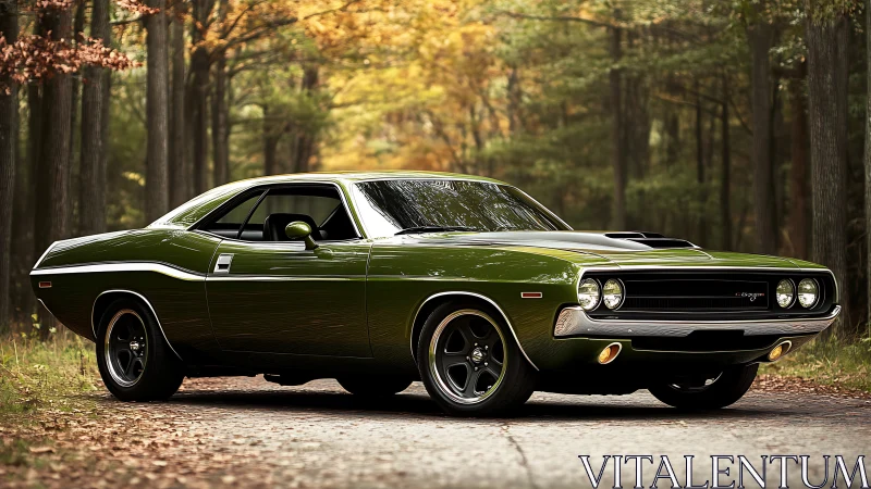 Metallic green muscle car rendered in a forest road scene